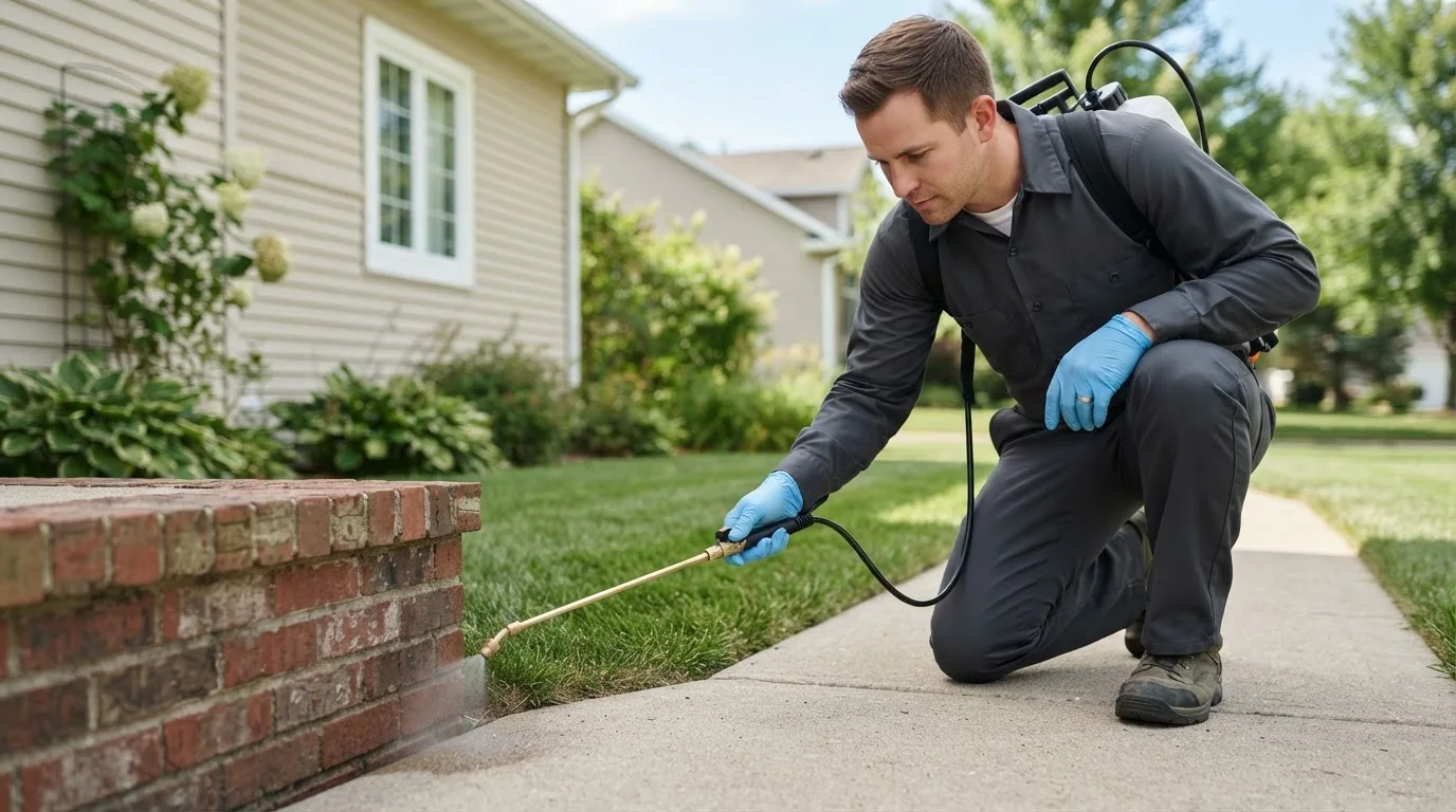 Pest control technician treating a home near Scituate, RI